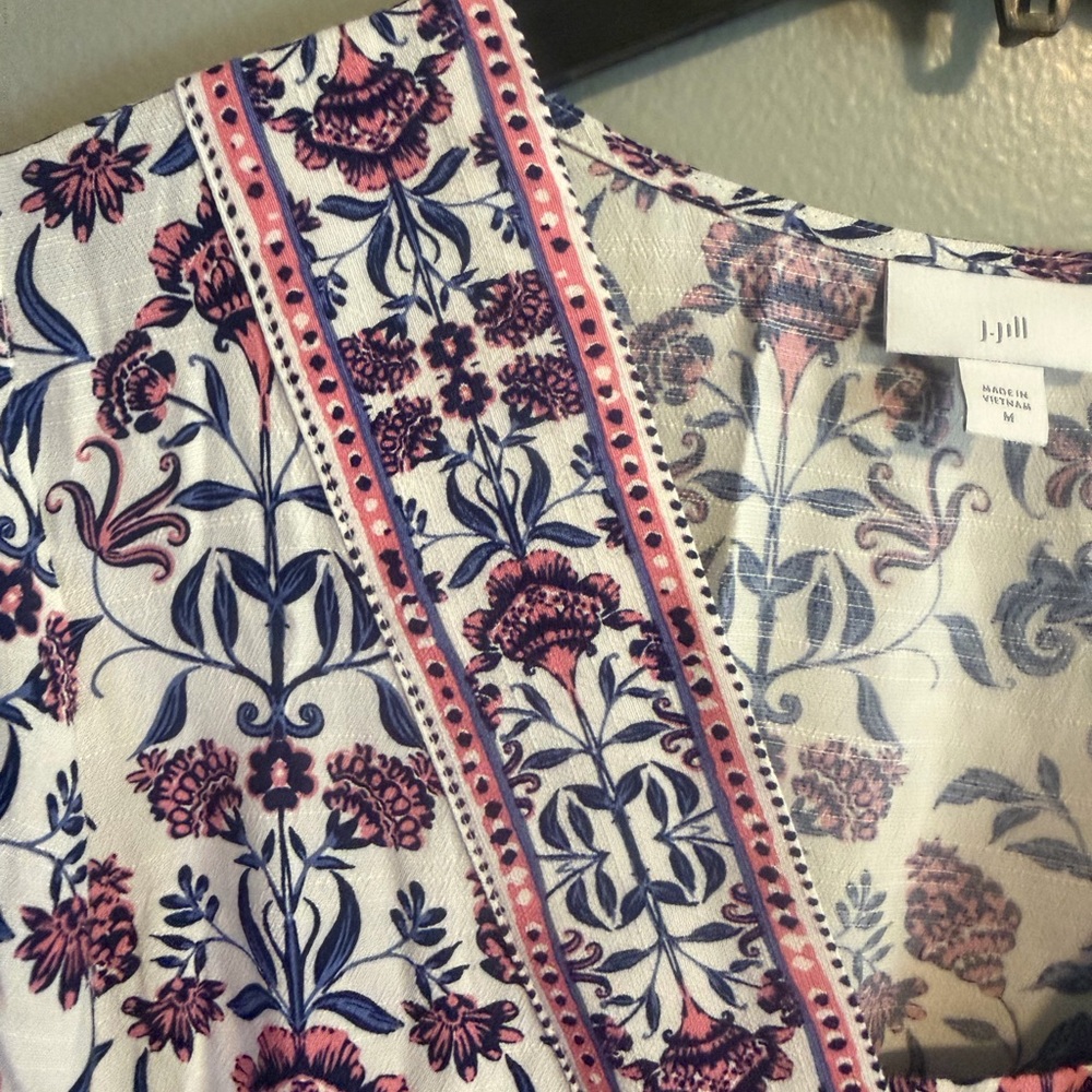 J. Jill White Midi Boho Peasant Dress with Blue & Mauve Floral Print size medium - Picture 3 of 12